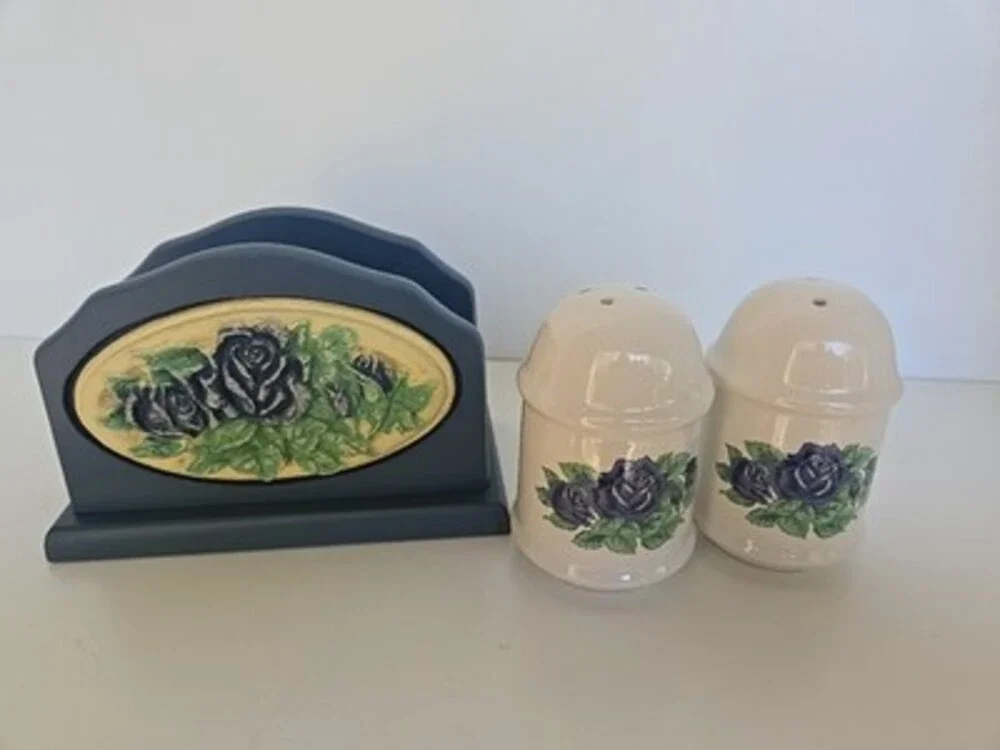Salt And Pepper Shaker Napkin Holder Set - Blue Rose - RARE